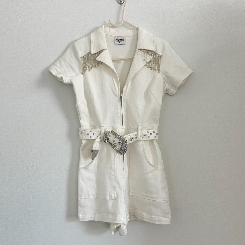 Show Me Your MuMu White Short Sleeve Romper with Silver Fringe & Belt
